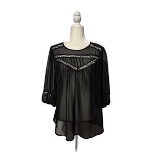 Lily White Black Sheer Blouse with Lace Detail